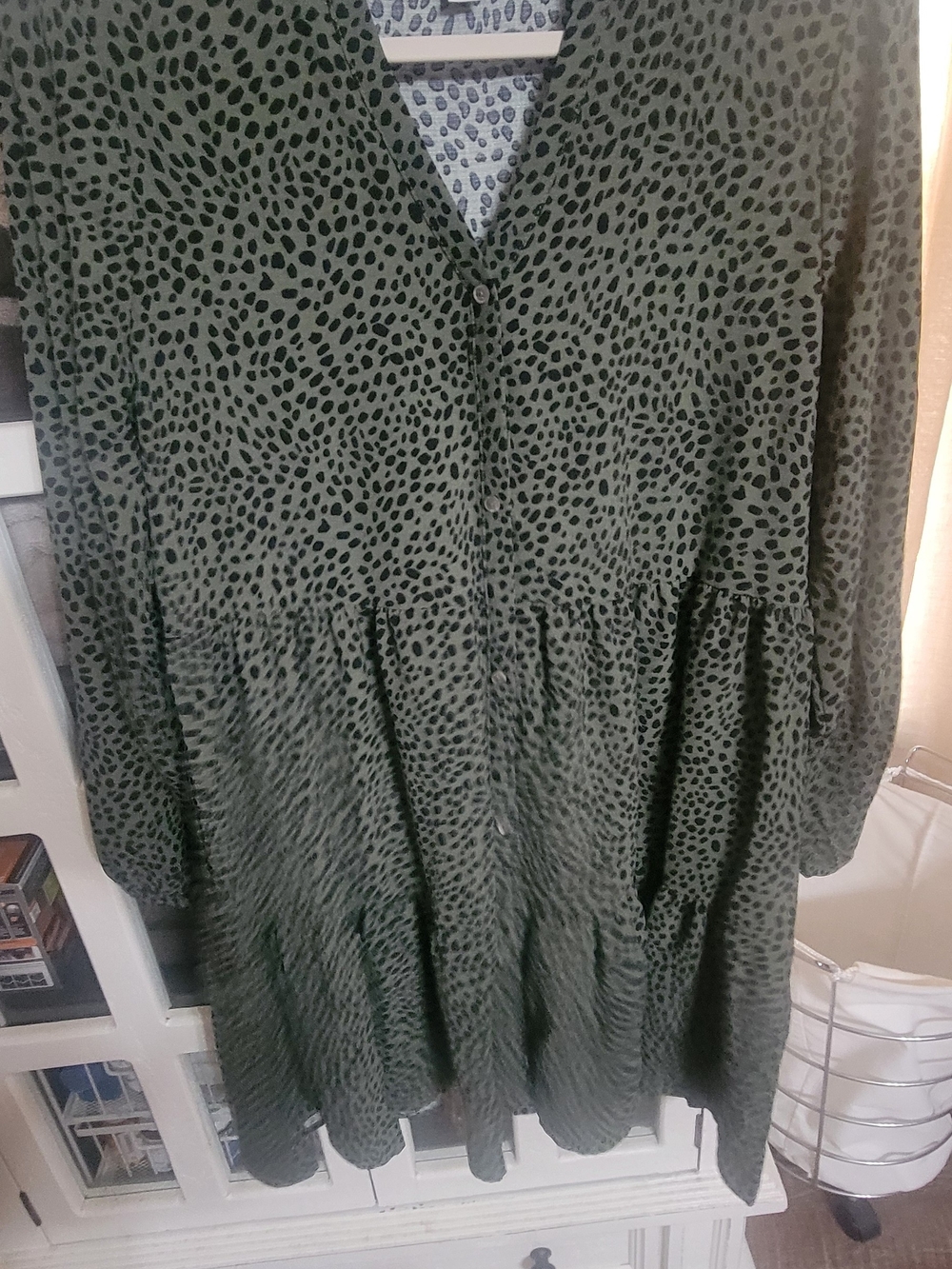 Nine West Olive Green and Black Animal-Print V-Neck Dress